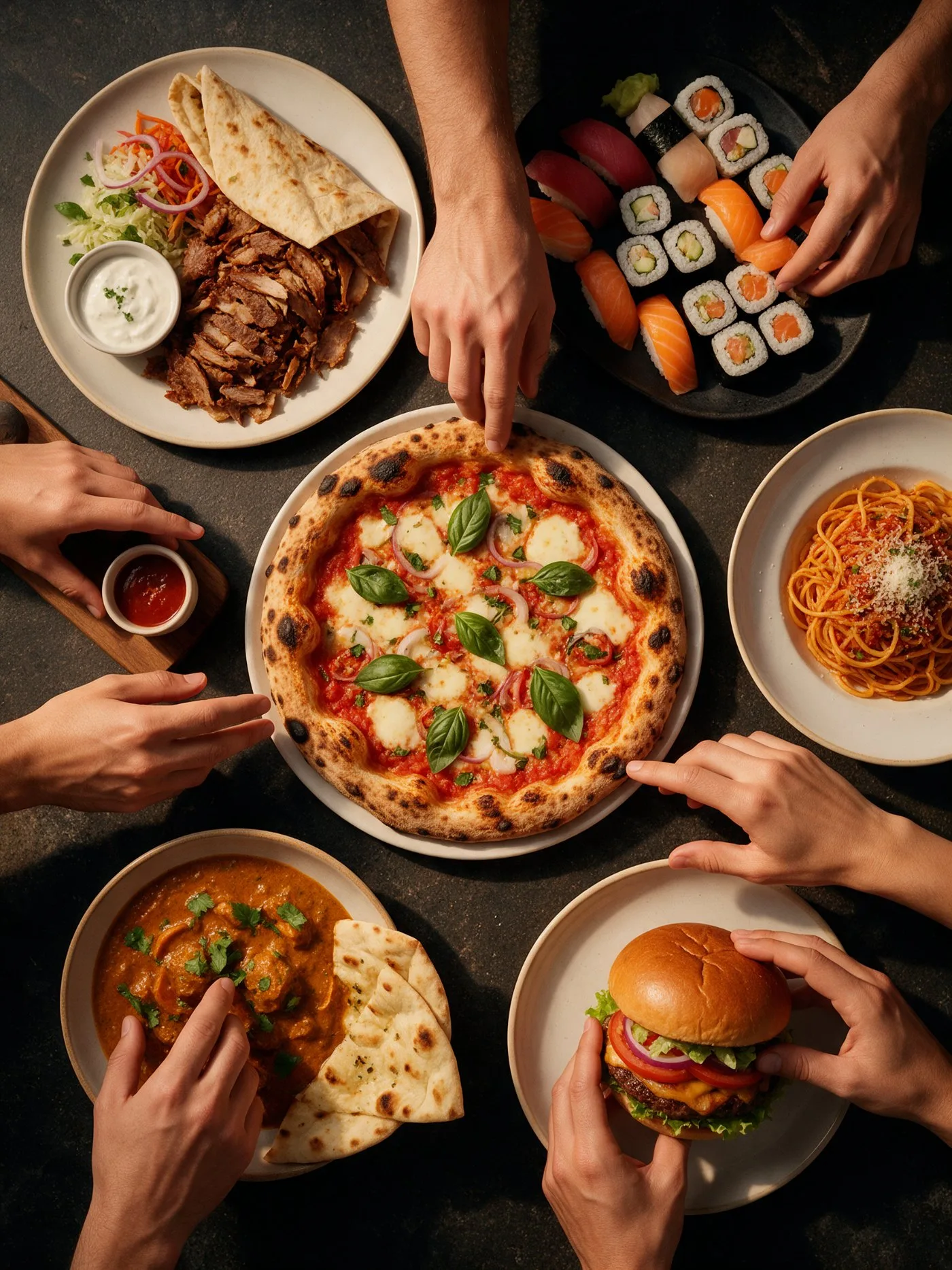 Gemeinsames Essen mit Pizza, Sushi, Pasta und Curry